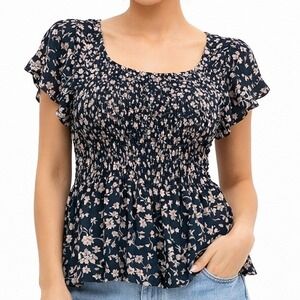 Japna Peasant Blouse M Black Floral Smocked Boho Babydoll Rayon Cottagecore